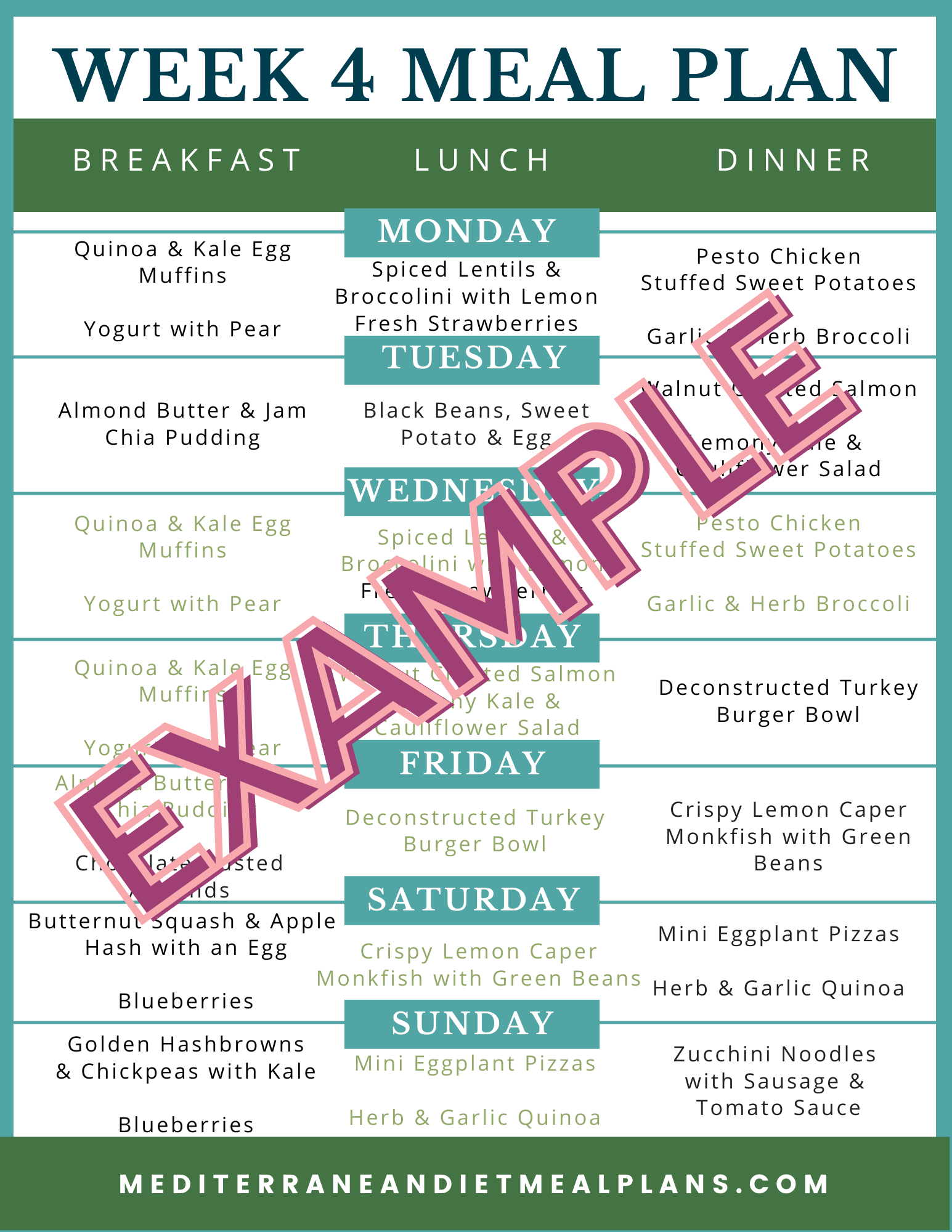 Single 30 Day Meal Plan