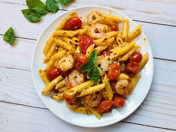 Pasta with Burst Cherry Tomatoes and Shrimp
